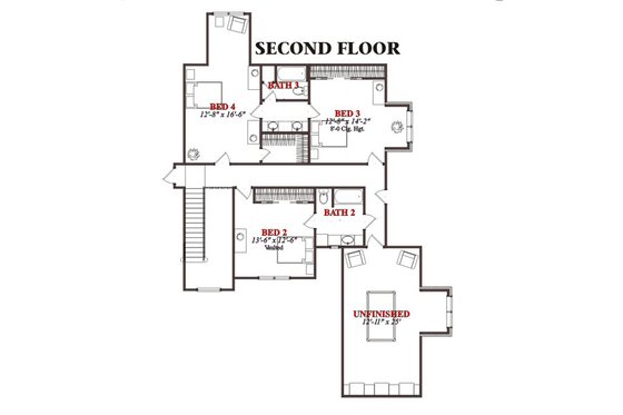 Floor Plan - Upper Floor for Traditional House Plan #63-213 - 4 bed, 3.5 bath