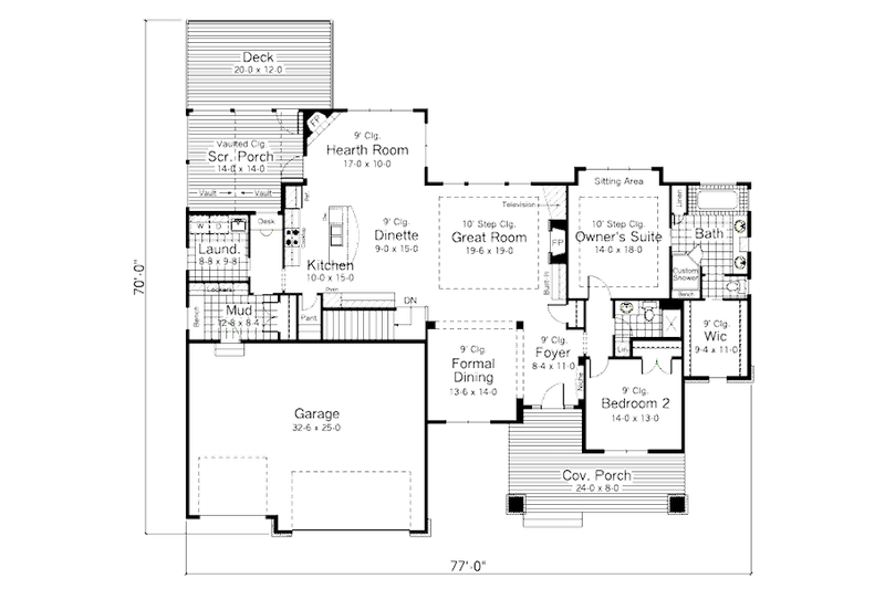Architectural House Design - Floor Plan - Main Floor for Craftsman House Plan #51-355 - 2 bed, 2 bath
