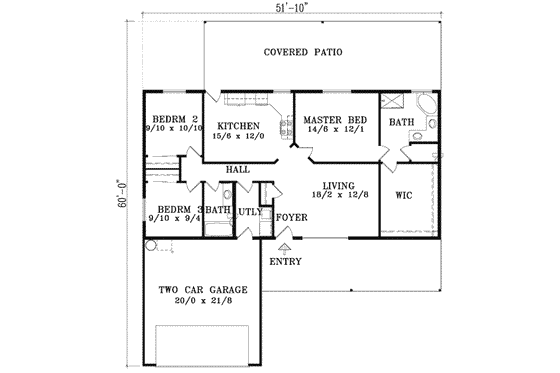 Floor Plan - Main Floor for Ranch House Plan #1-1203 - 3 bed, 2 bath