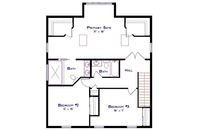 House Blueprint - Floor Plan - Upper Floor for Farmhouse House Plan #1115-2 - 3 bed, 2.5 bath