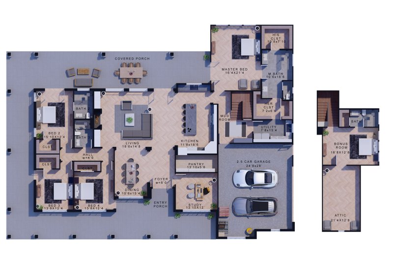 House Blueprint - Floor Plan - Main Floor for Farmhouse House Plan #1110-17 - 5 bed, 4 bath