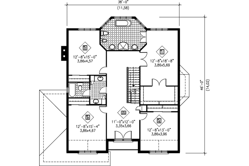 House Blueprint - Floor Plan - Upper Floor for European House Plan #25-260 - 4 bed, 2.5 bath