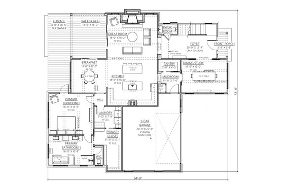 Floor Plan - Main Floor for Craftsman House Plan #1094-6 - 3 bed, 2.5 bath