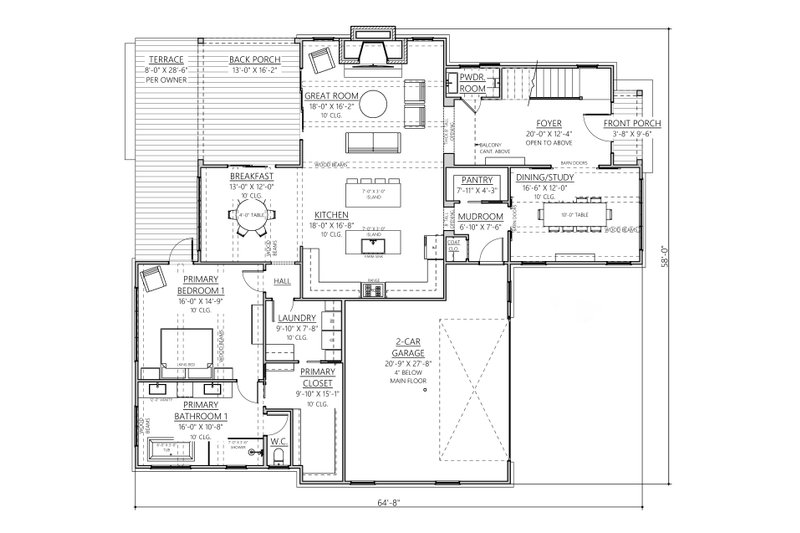 House Design - Floor Plan - Main Floor for Craftsman House Plan #1094-6 - 3 bed, 2.5 bath