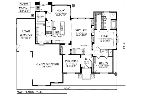 Floor Plan - Main Floor for Bungalow House Plan #70-983 - 2 bed, 2 bath