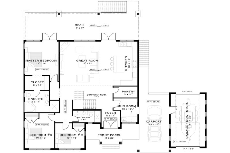House Design - Floor Plan - Main Floor for Beach House Plan #1101-21 - 3 bed, 2 bath