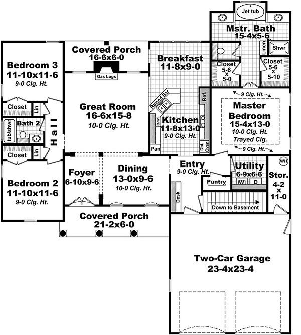 Traditional style house plan, European design, main level floor plan