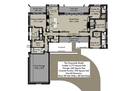 Floor Plan - Main Floor for Ranch House Plan #489-15 - 4 bed, 4.5 bath