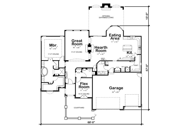 Dream House Plan - Floor Plan - Main Floor for Ranch House Plan #20-2305 - 1 bed, 1.5 bath