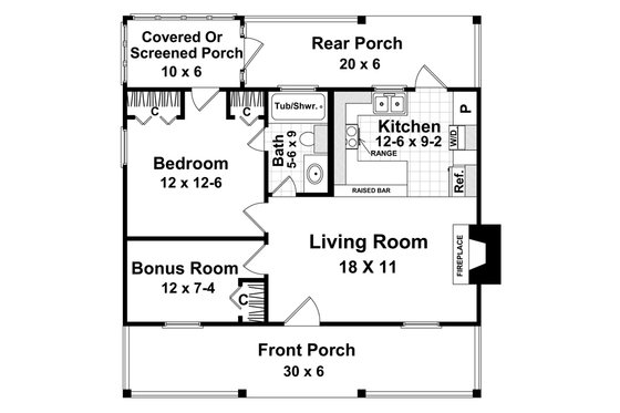 Floor Plan - Main Floor for Farmhouse House Plan #21-496 - 1 bed, 1 bath