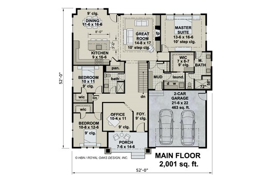 Floor Plan - Main Floor for Craftsman House Plan #51-1184 - 3 bed, 2 bath
