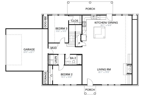 Floor Plan - Main Floor for Cabin House Plan #80-204 - 3 bed, 2 bath