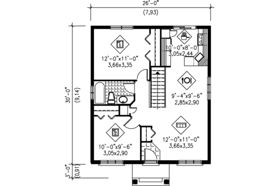 Floor Plan - Main Floor for Cottage House Plan #25-103 - 2 bed, 1 bath