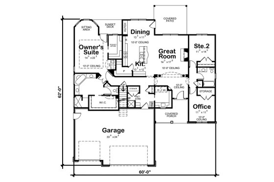 Floor Plan - Main Floor for Craftsman House Plan #20-2080 - 2 bed, 2 bath
