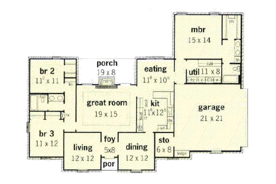 Floor Plan - Main Floor for Ranch House Plan #16-141 - 3 bed, 2 bath