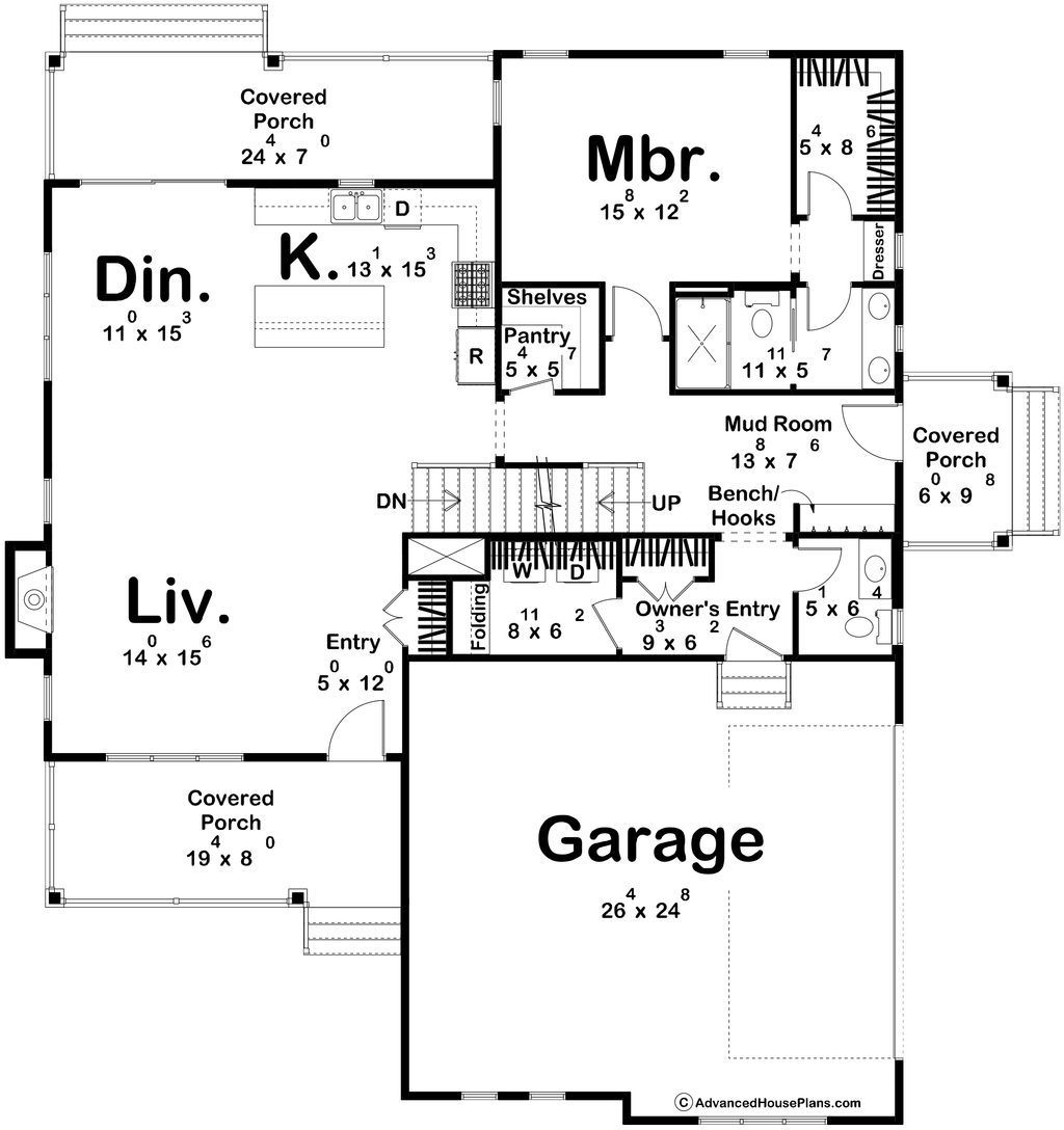 House plan with open layout and large garage