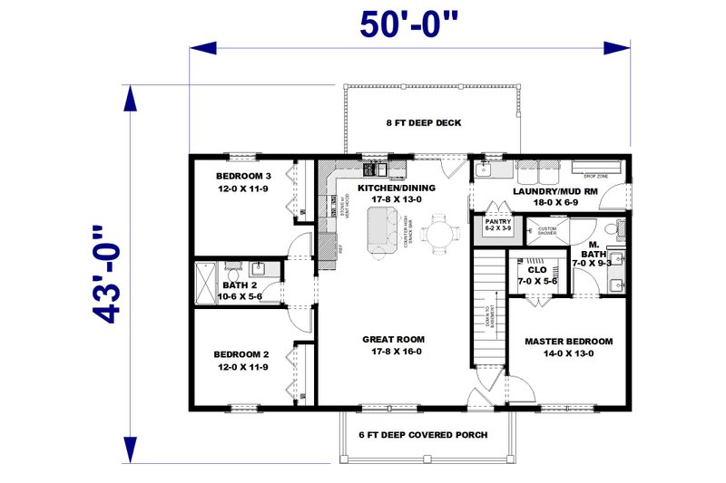 House Design - Floor Plan - Main Floor for Farmhouse House Plan #44-276 - 3 bed, 2 bath