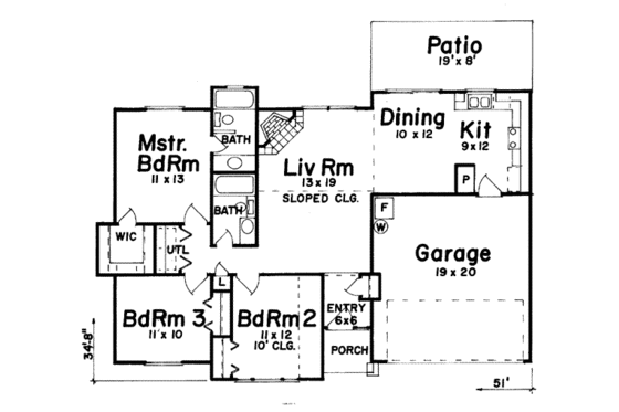 Floor Plan - Main Floor for Traditional House Plan #52-104 - 3 bed, 2 bath