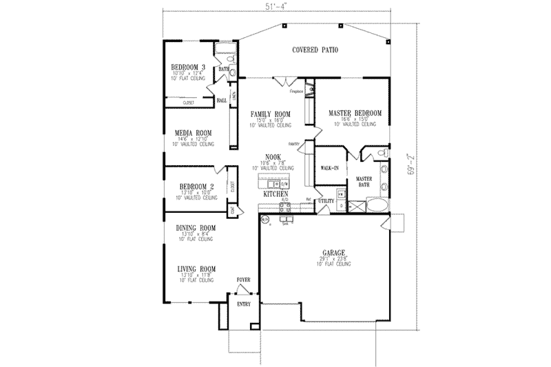 Architectural House Design - Floor Plan - Main Floor for Adobe / Southwestern House Plan #1-489 - 3 bed, 2 bath