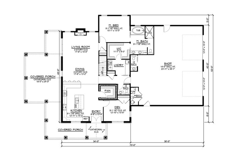 House Blueprint - Floor Plan - Main Floor for Barndominium House Plan #1064-222 - 3 bed, 2.5 bath