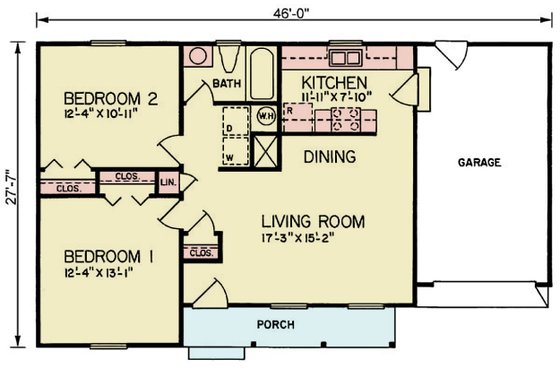 Floor Plan - Main Floor for Ranch House Plan #54-650 - 2 bed, 1 bath