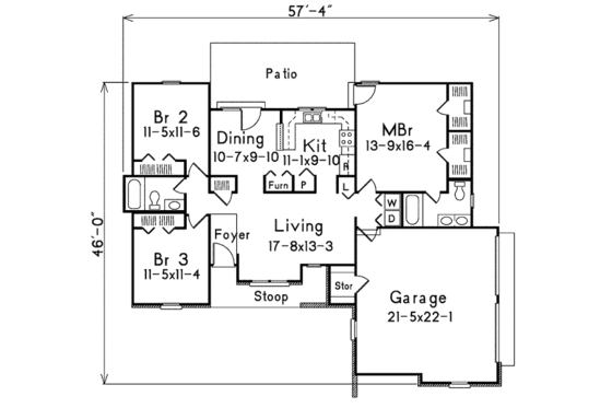 Floor Plan - Main Floor for Traditional House Plan #57-515 - 3 bed, 2 bath