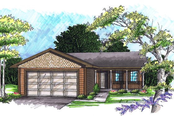 Exterior - Front Elevation for Ranch House Plan #70-1014 - 2 bed, 1 bath