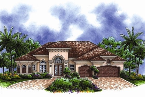 Exterior - Front Elevation for Mediterranean House Plan #27-438 - 3 bed, 3 bath