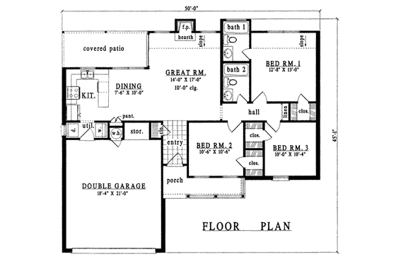 Floor Plan - Main Floor for Ranch House Plan #42-219 - 3 bed, 2 bath