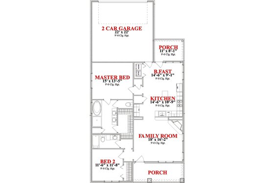 Floor Plan - Main Floor for Bungalow House Plan #63-249 - 2 bed, 2 bath