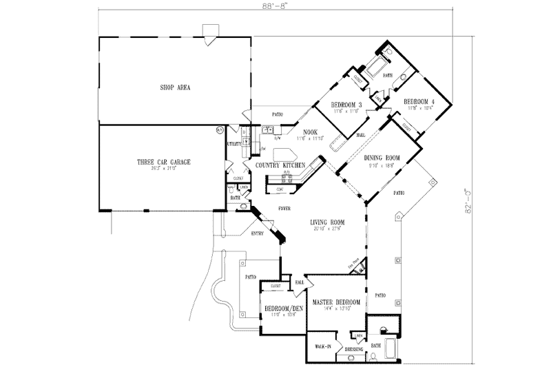 House Blueprint - Floor Plan - Main Floor for Adobe / Southwestern House Plan #1-558 - 4 bed, 2.5 bath