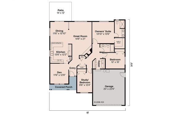 Floor Plan - Main Floor for Ranch House Plan #124-589 - 3 bed, 2 bath
