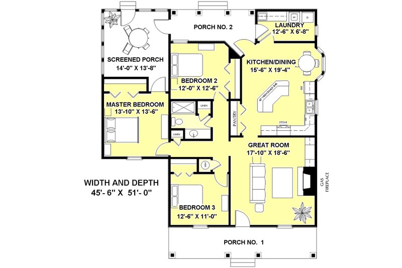 Home Plan - Floor Plan - Main Floor for Traditional House Plan #44-150 - 3 bed, 1 bath