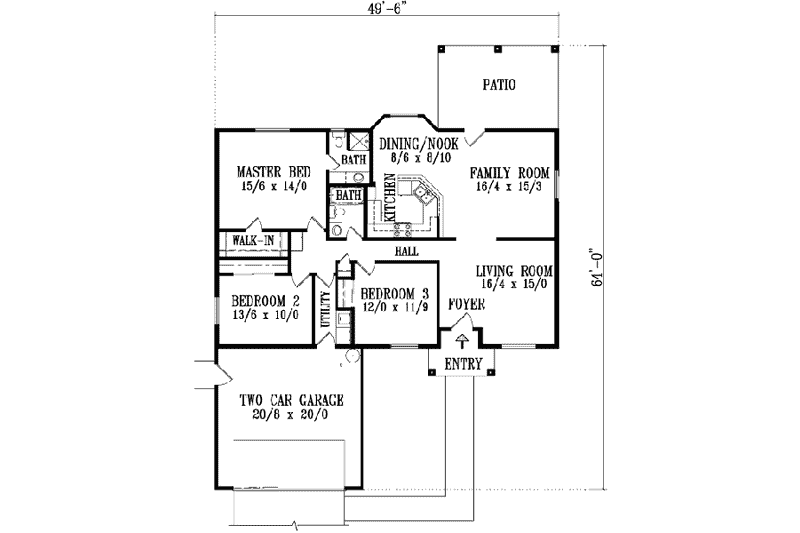 Home Plan - Floor Plan - Main Floor for Adobe / Southwestern House Plan #1-468 - 3 bed, 2 bath