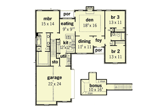 Floor Plan - Main Floor for Traditional House Plan #16-130 - 3 bed, 2 bath