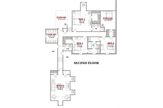 Floor Plan - Upper Floor for European House Plan #63-229 - 4 bed, 3.5 bath