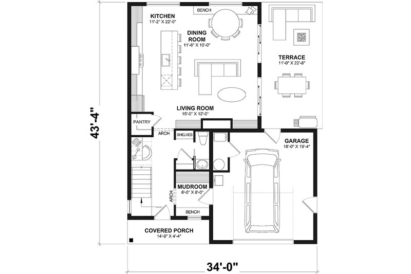 House Blueprint - Floor Plan - Main Floor for Country House Plan #23-2832 - 3 bed, 1.5 bath