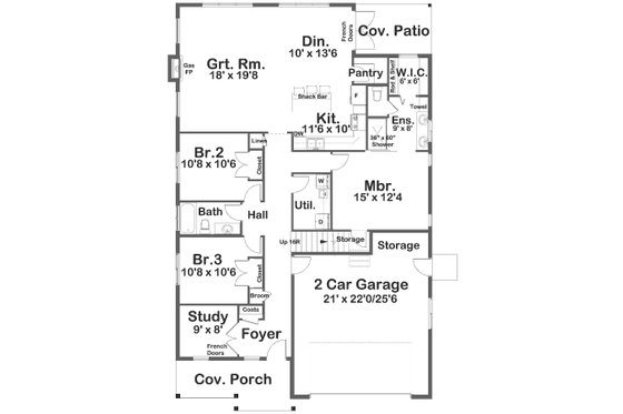 Floor Plan - Main Floor for Farmhouse House Plan #126-268 - 3 bed, 2 bath