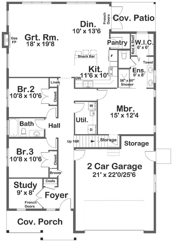 House Design - Floor Plan - Main Floor for Farmhouse House Plan #126-268 - 3 bed, 2 bath