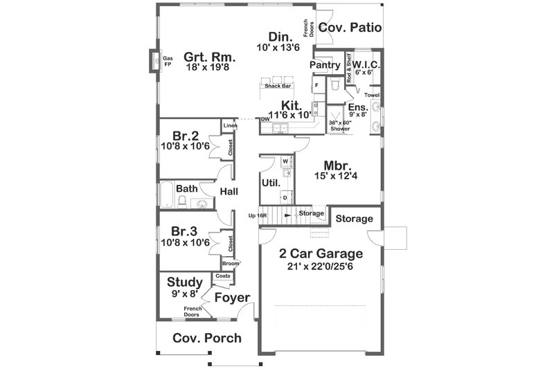 House Design - Floor Plan - Main Floor for Farmhouse House Plan #126-268 - 3 bed, 2 bath
