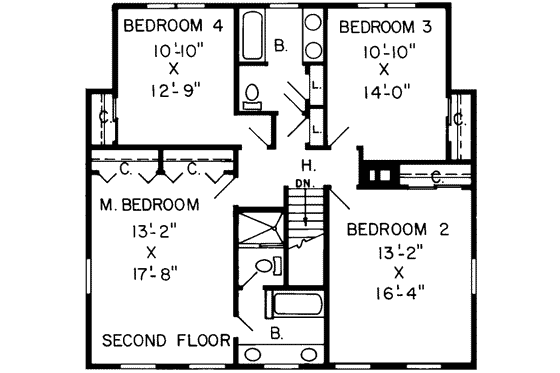 Floor Plan - Upper Floor for Colonial House Plan #312-109 - 4 bed, 2.5 bath