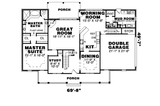 Floor Plan - Main Floor for Southern House Plan #34-121 - 4 bed, 3.5 bath