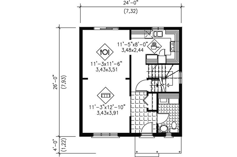 House Blueprint - Floor Plan - Main Floor for European House Plan #25-4008 - 3 bed, 1.5 bath