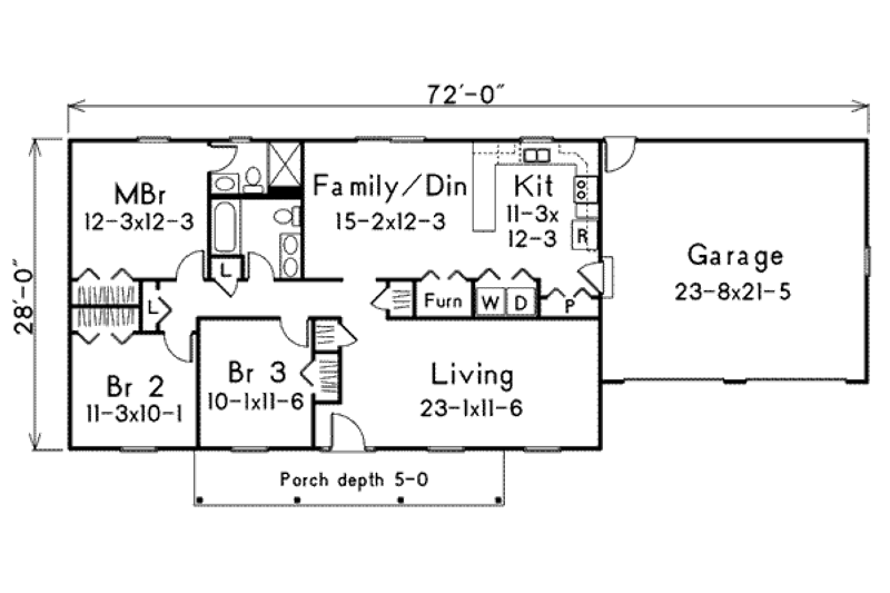 House Design - Floor Plan - Main Floor for Ranch House Plan #57-159 - 3 bed, 2 bath