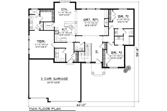 Floor Plan - Main Floor for Ranch House Plan #70-1116 - 3 bed, 2.5 bath