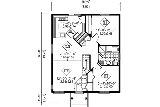 Floor Plan - Main Floor for Cottage House Plan #25-141 - 2 bed, 1 bath