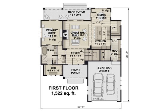 Floor Plan - Main Floor for Farmhouse House Plan #51-1302 - 3 bed, 3.5 bath