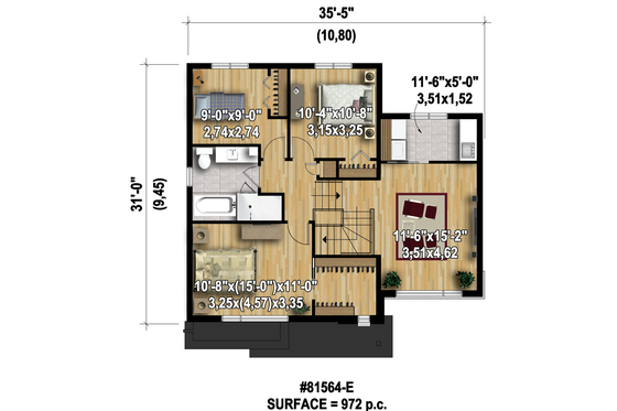 Floor Plan - Upper Floor 1 for Modern House Plan #25-4589 - 3 bed, 1 bath