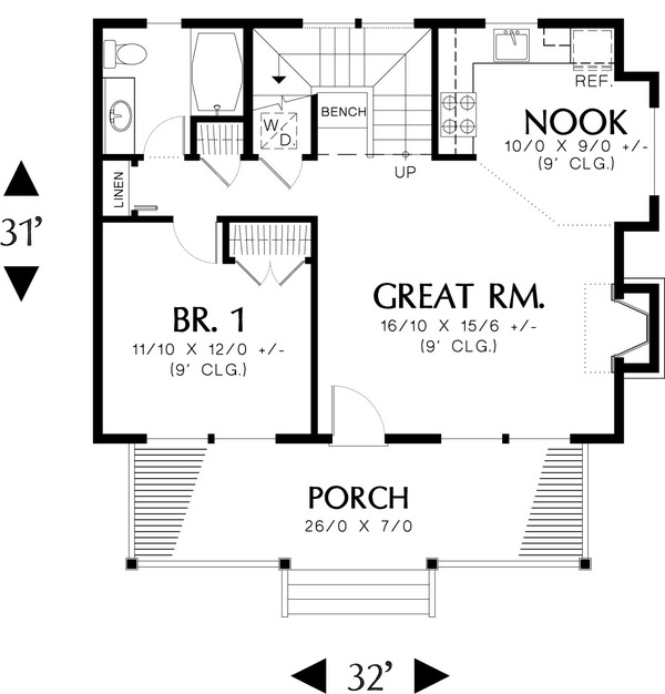 House Blueprint - Main Floor Plan - 950 square foot Craftsman Cottage