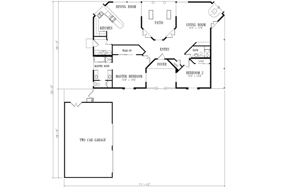 Floor Plan - Main Floor for Ranch House Plan #1-344 - 2 bed, 2 bath